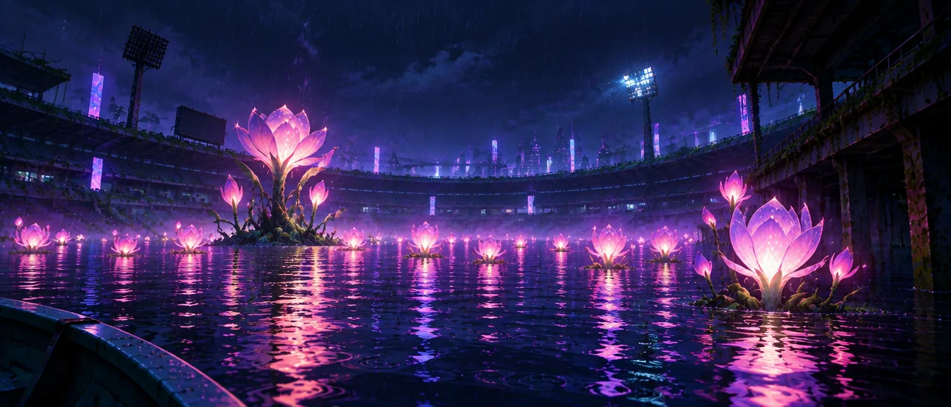 Stadion yang terisi air banjir, ratusan bunga raksasa mekar di atas lapangan.
